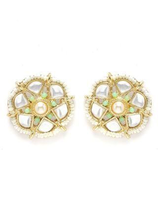 Karatcart Pearl Beaded Light Green Carved Stone Kundan Rani Haar Necklace Set