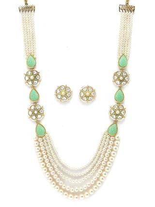 Karatcart Pearl Beaded Light Green Carved Stone Kundan Rani Haar Necklace Set