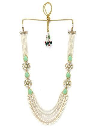 Karatcart Pearl Beaded Light Green Carved Stone Kundan Rani Haar Necklace Set